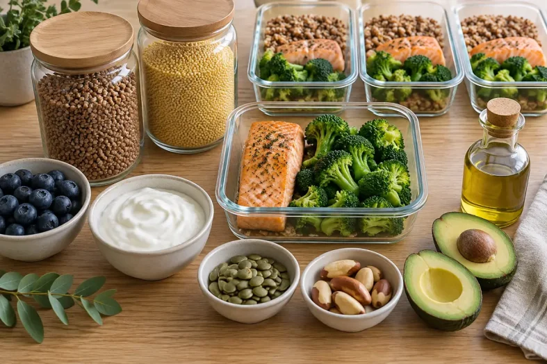 Meal prep przy Hashimoto: kasza gryczana i jaglana w słoikach, pieczony łosoś z brokułami w pojemnikach, orzechy brazylijskie, pestki dyni, awokado, jogurt naturalny i borówki